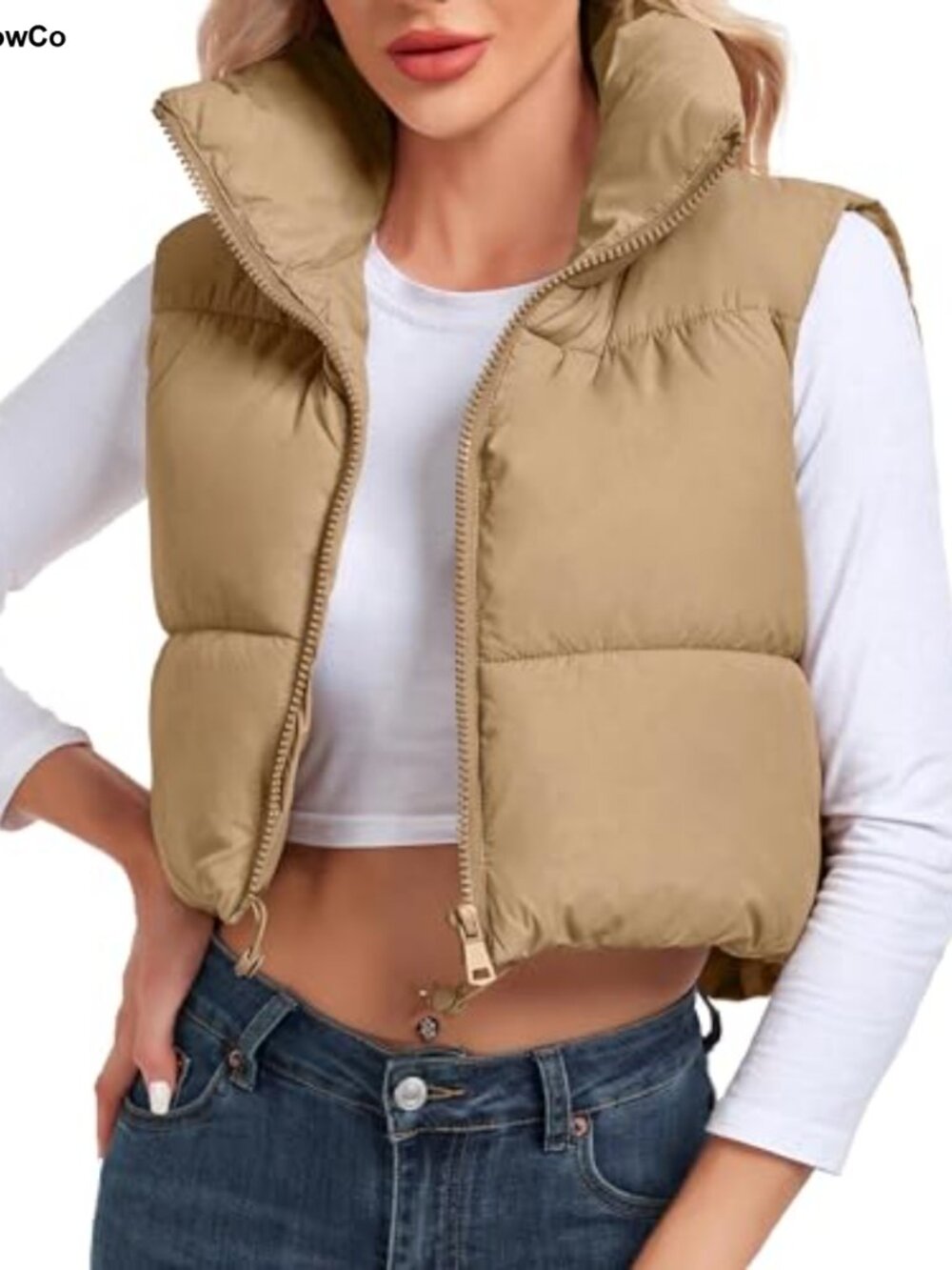 Women's Cropped Puffer Vest Sleeveless High Stand Collar Zip Up Quilted Gilet